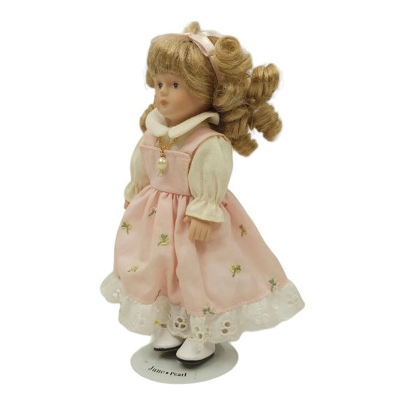 Vintage Russ Porcelain Doll Of The Month June Pearl Stand Handcrafted Pink Dress - Picture 4 of 12